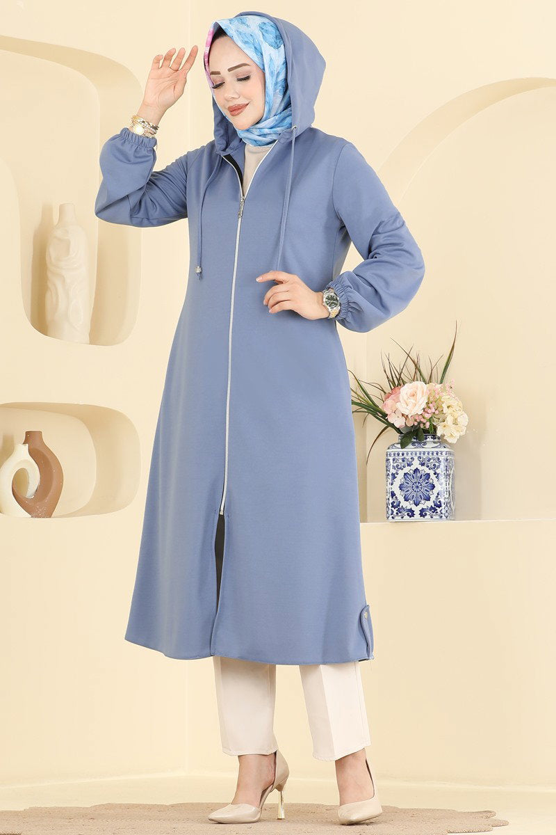 Zip-Front Hooded Cape Coat - Blue