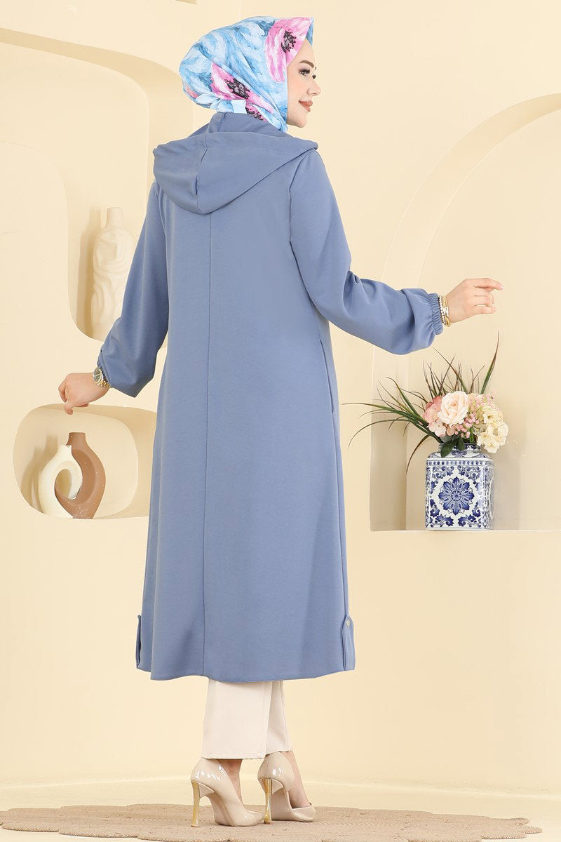 Zip-Front Hooded Cape Coat - Blue
