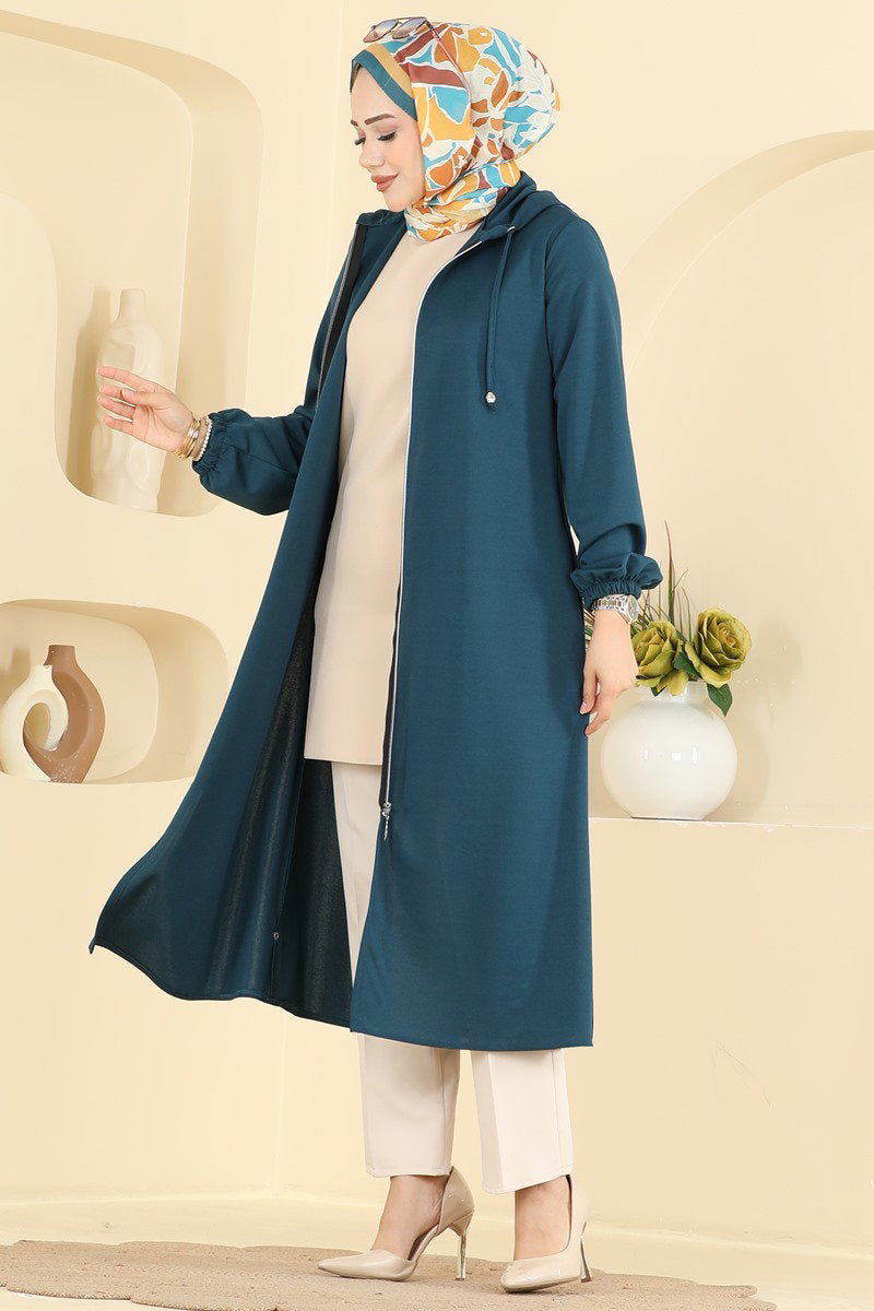 Zip-Front Hooded Cape Coat - Teal