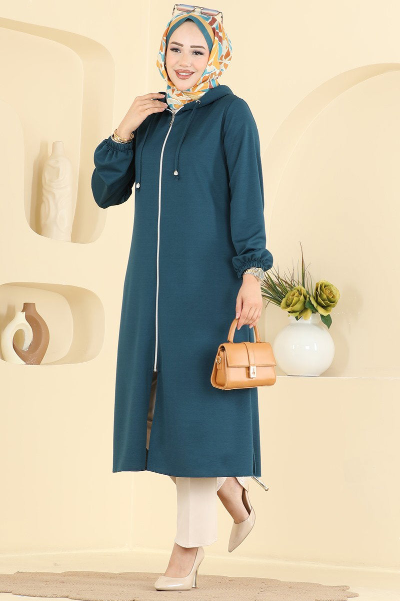 Zip-Front Hooded Cape Coat - Teal