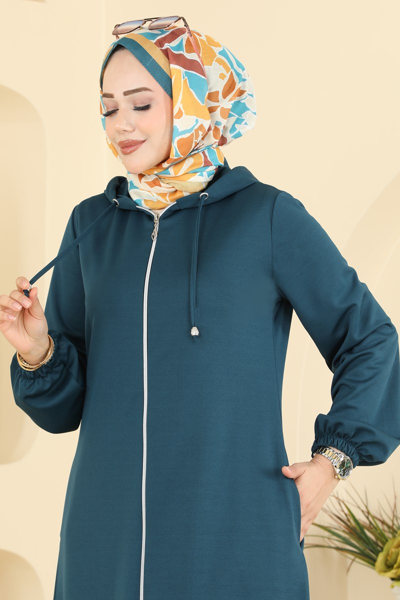 Zip-Front Hooded Cape Coat - Teal