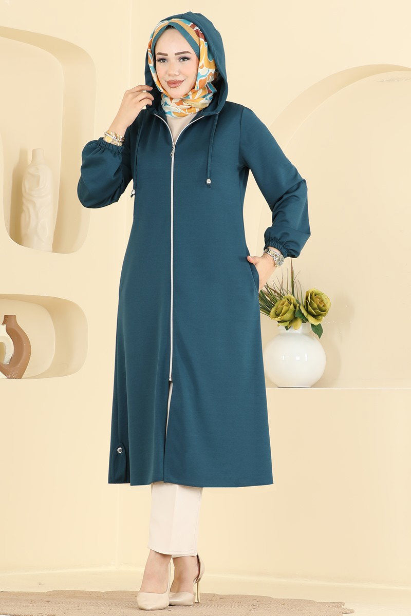 Zip-Front Hooded Cape Coat - Teal