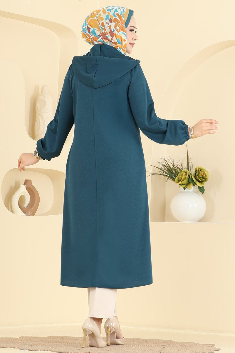 Zip-Front Hooded Cape Coat - Teal