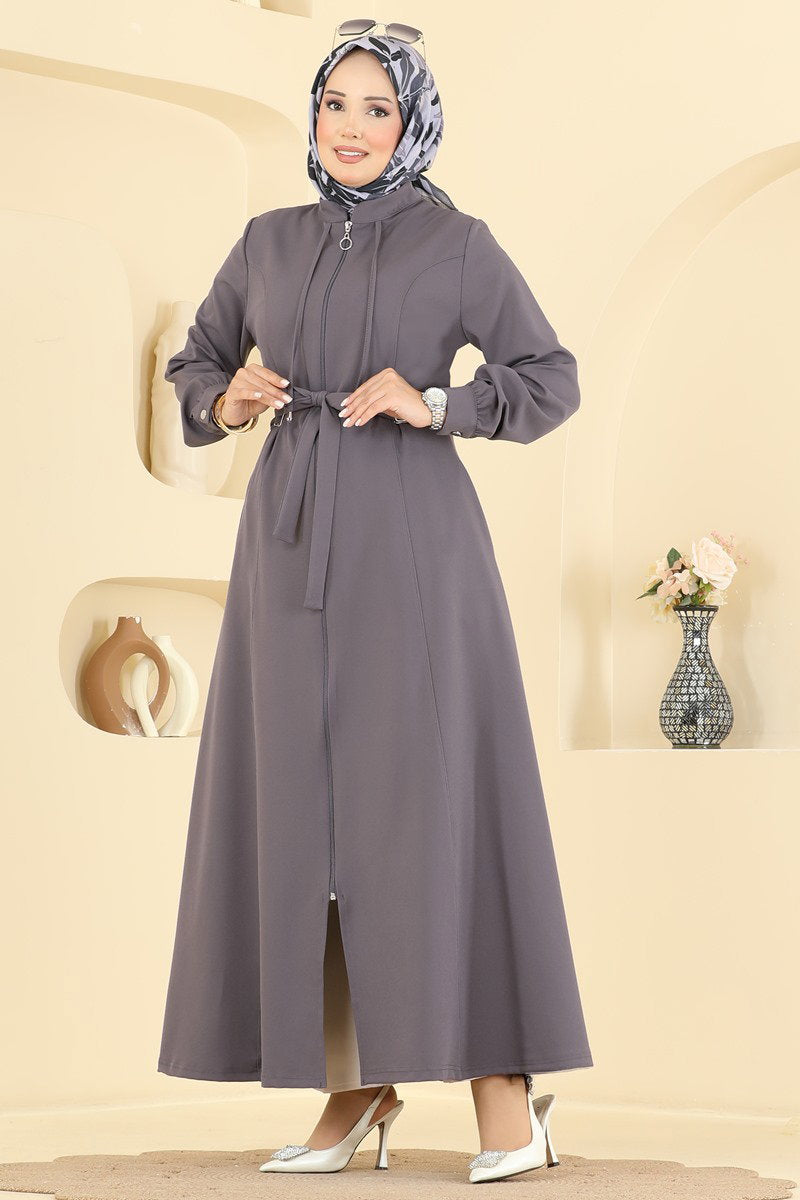 Belted Zip-Front Abaya Coat - Charcoal