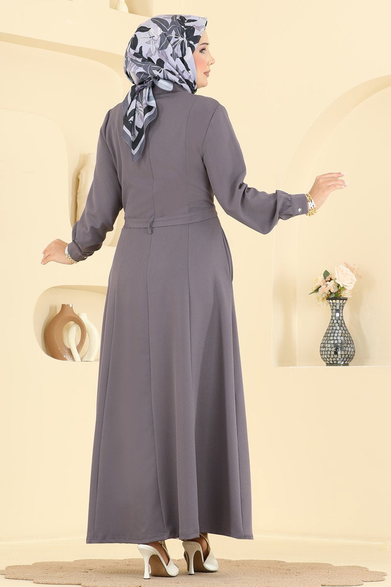Belted Zip-Front Abaya Coat - Charcoal