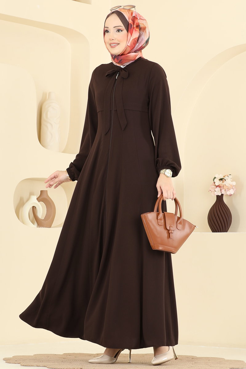 Zip-Front Silky Abaya Coat - Brown
