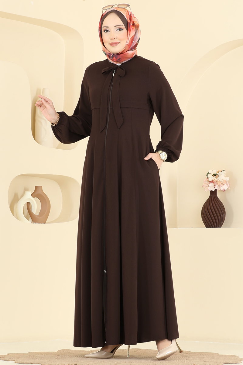 Zip-Front Silky Abaya Coat - Brown