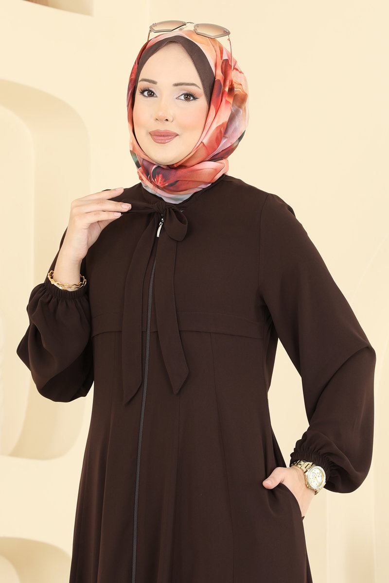 Zip-Front Silky Abaya Coat - Brown