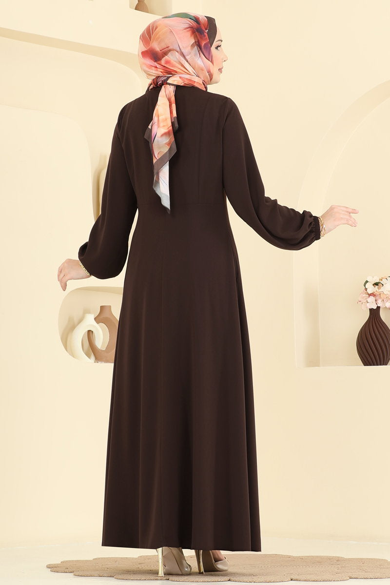 Zip-Front Silky Abaya Coat - Brown