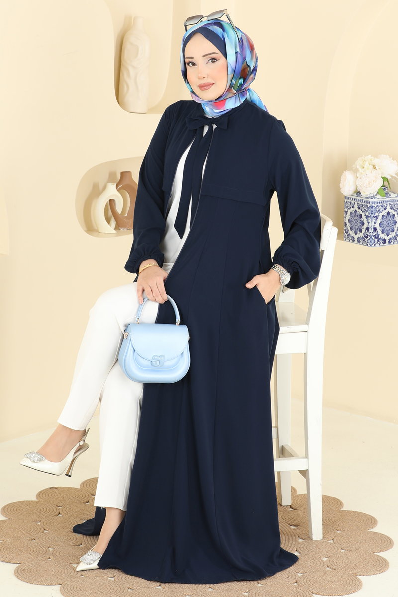 Zip-Front Silky Abaya Coat - Navy