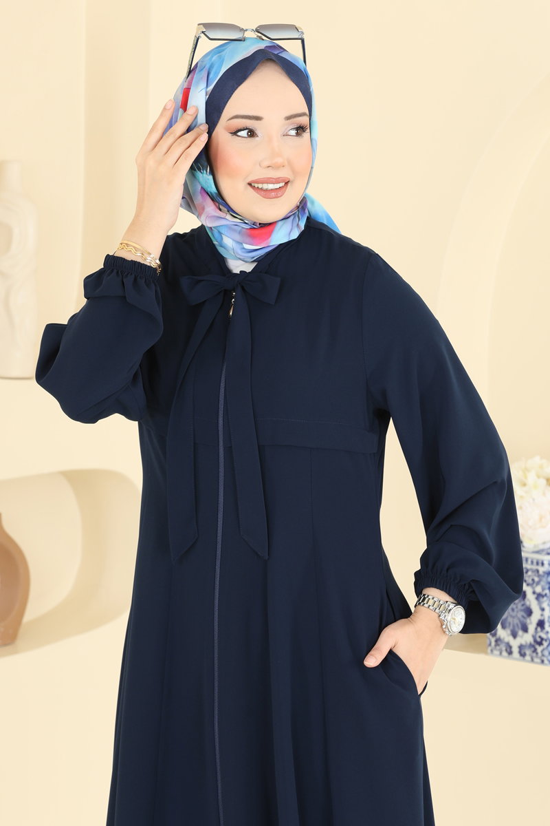 Zip-Front Silky Abaya Coat - Navy