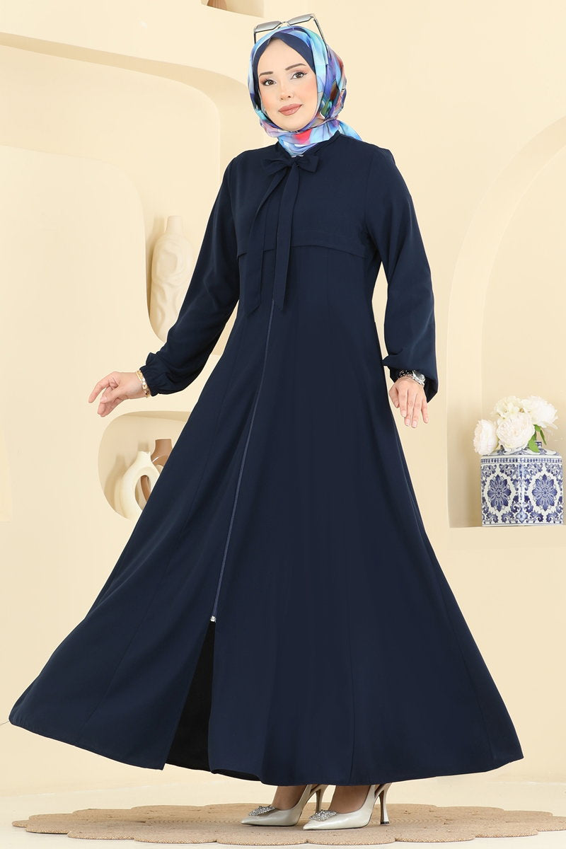 Zip-Front Silky Abaya Coat - Navy