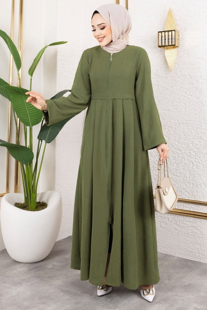Zip-Front Aerobin Abaya Coat - Khaki