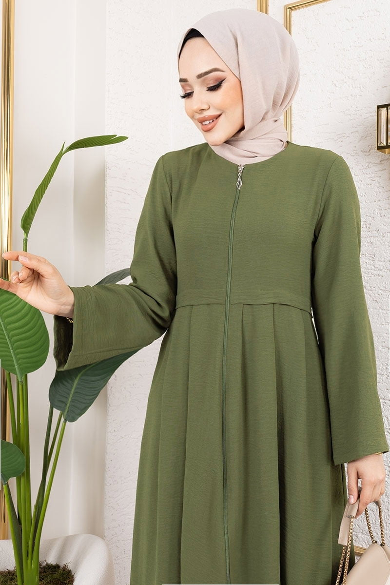Zip-Front Aerobin Abaya Coat - Khaki