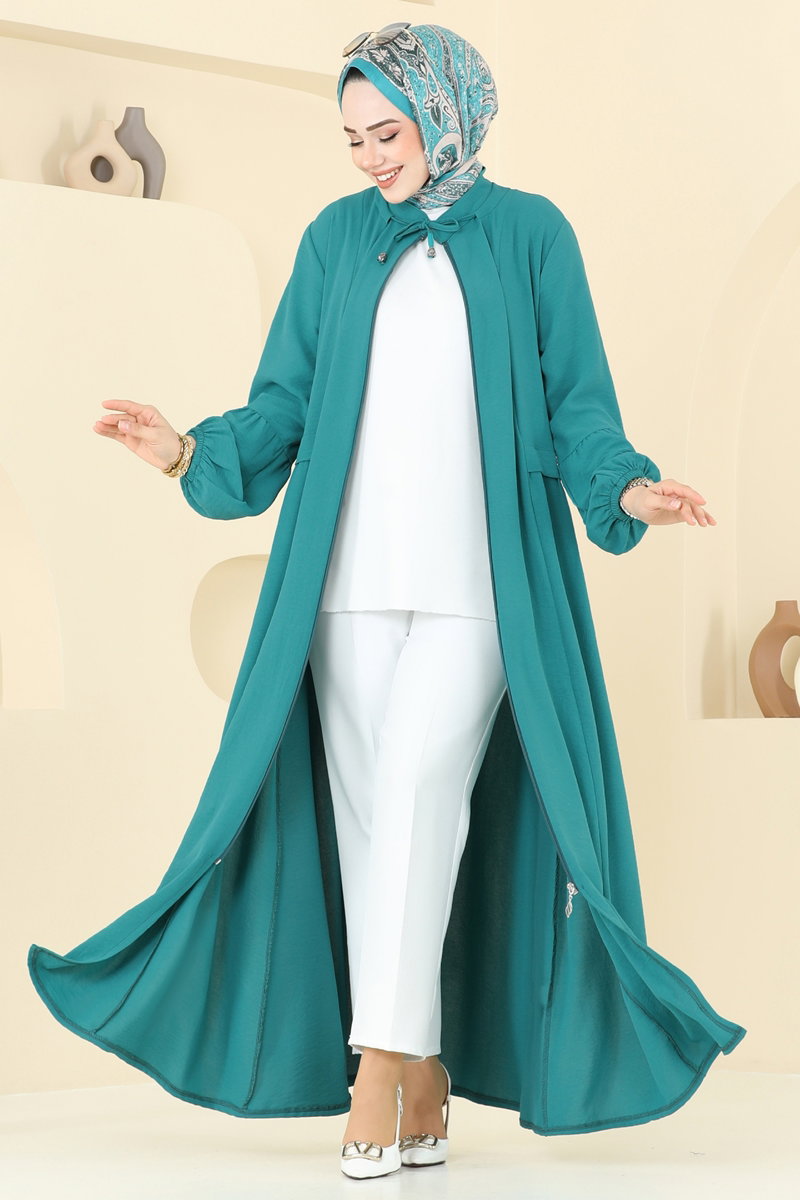 Long Zip-Front Aerobin Abaya Coat - Light Teal