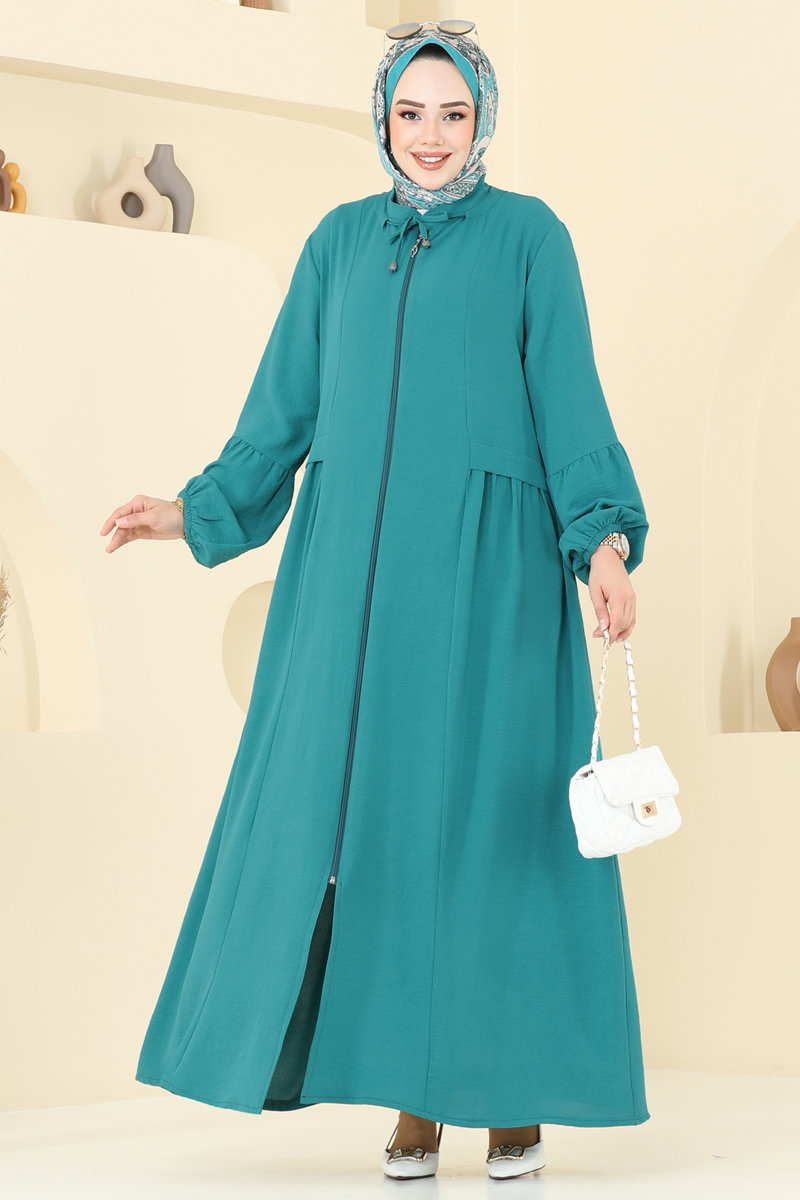 Long Zip-Front Aerobin Abaya Coat - Light Teal