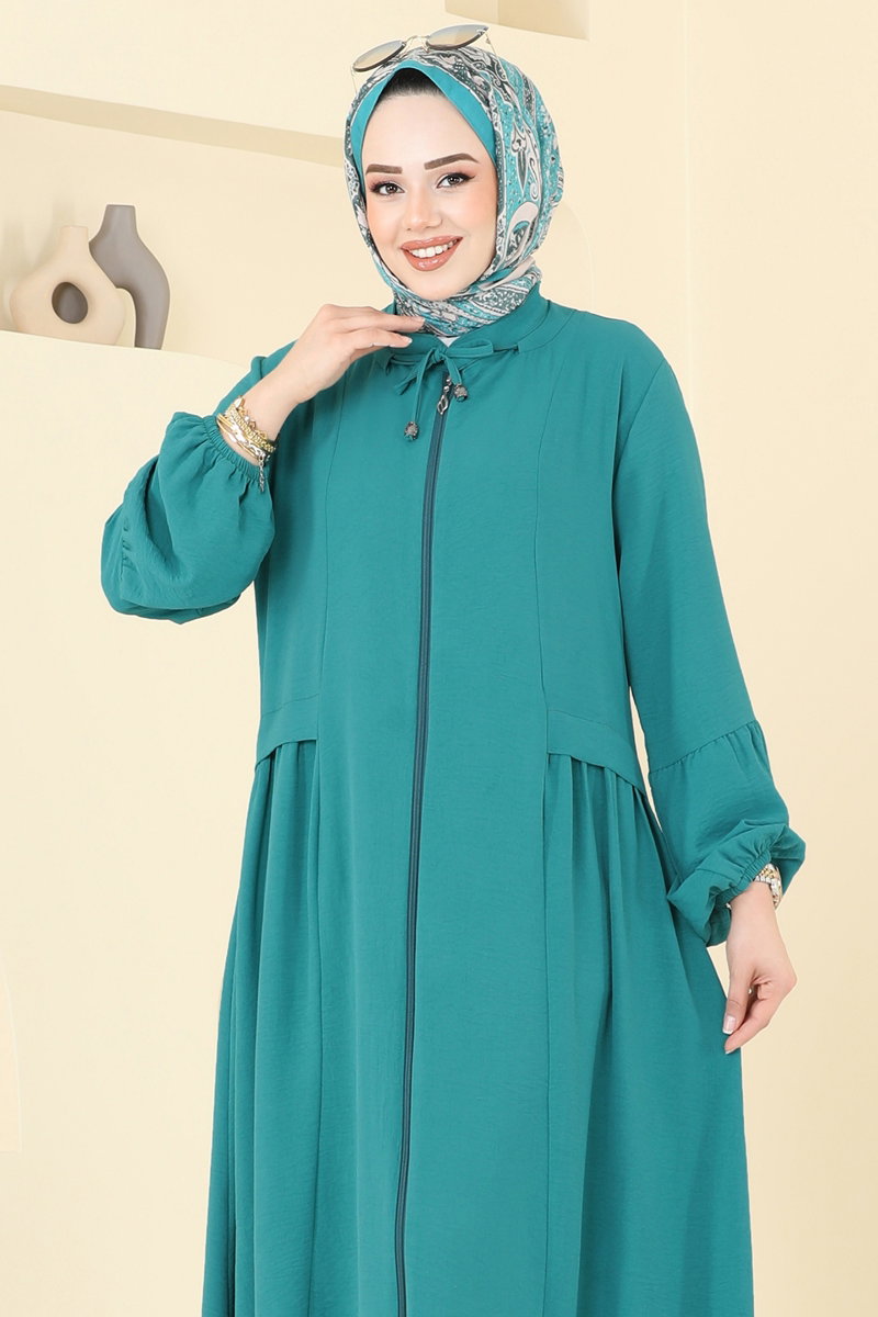Long Zip-Front Aerobin Abaya Coat - Light Teal