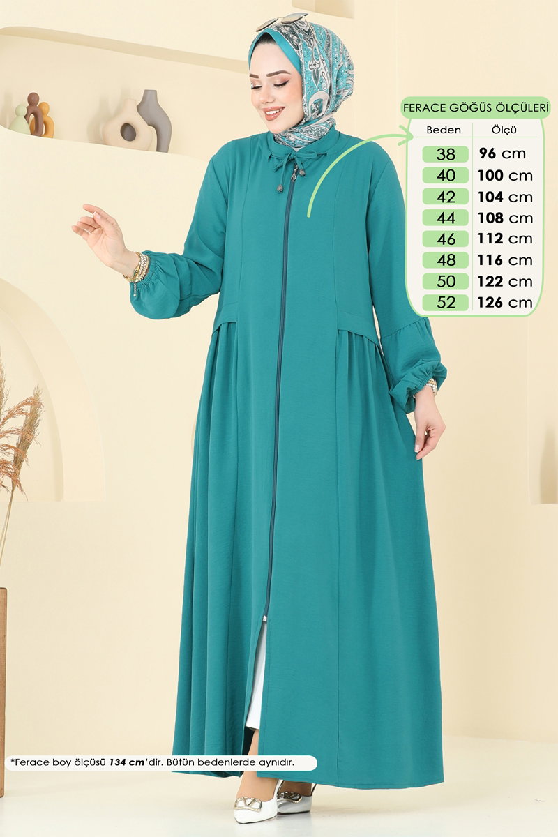 Long Zip-Front Aerobin Abaya Coat - Light Teal