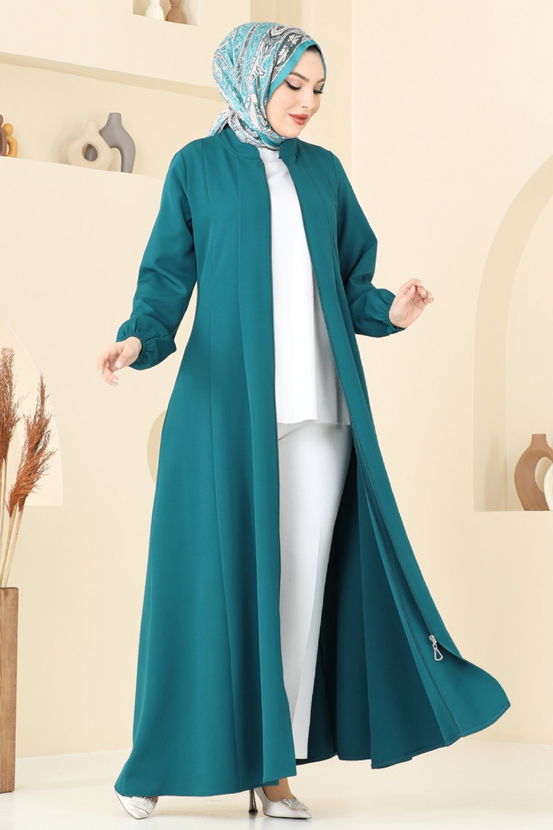 Zip-Front Double Knit Abaya Coat - Light Teal