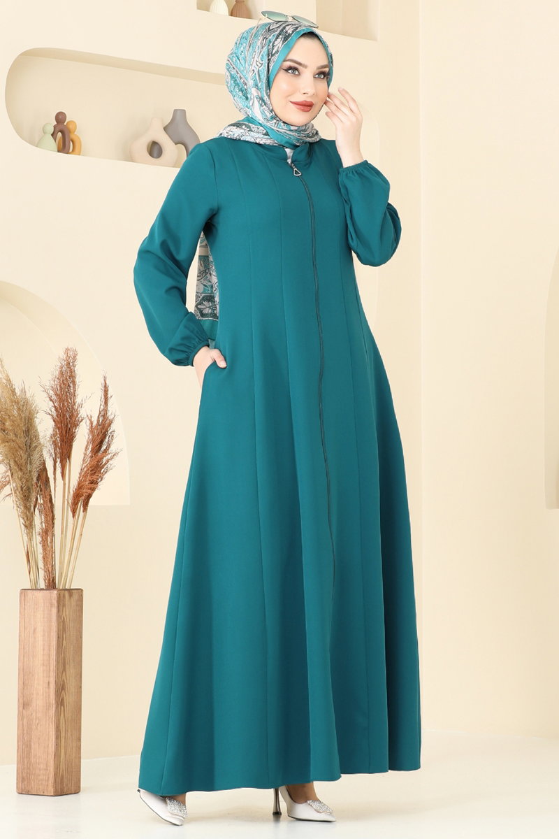 Zip-Front Double Knit Abaya Coat - Light Teal