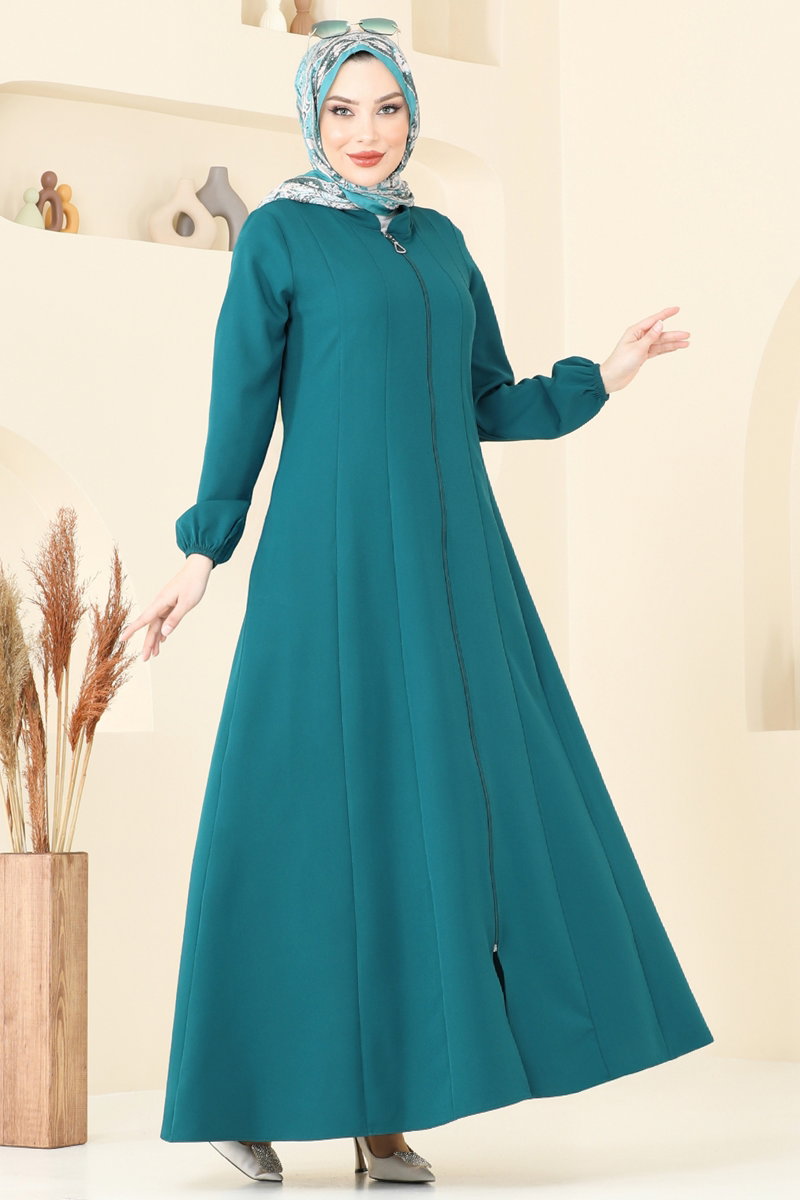 Zip-Front Double Knit Abaya Coat - Light Teal