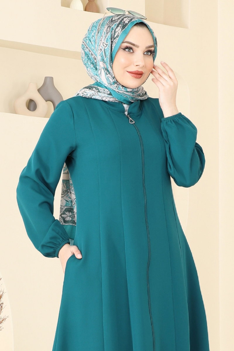 Zip-Front Double Knit Abaya Coat - Light Teal
