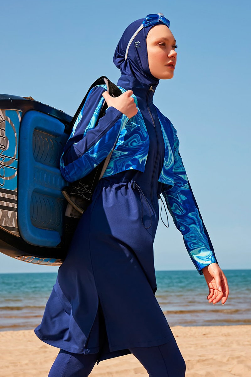 Zip-Front Full-Coverage Swimsuit - Navy