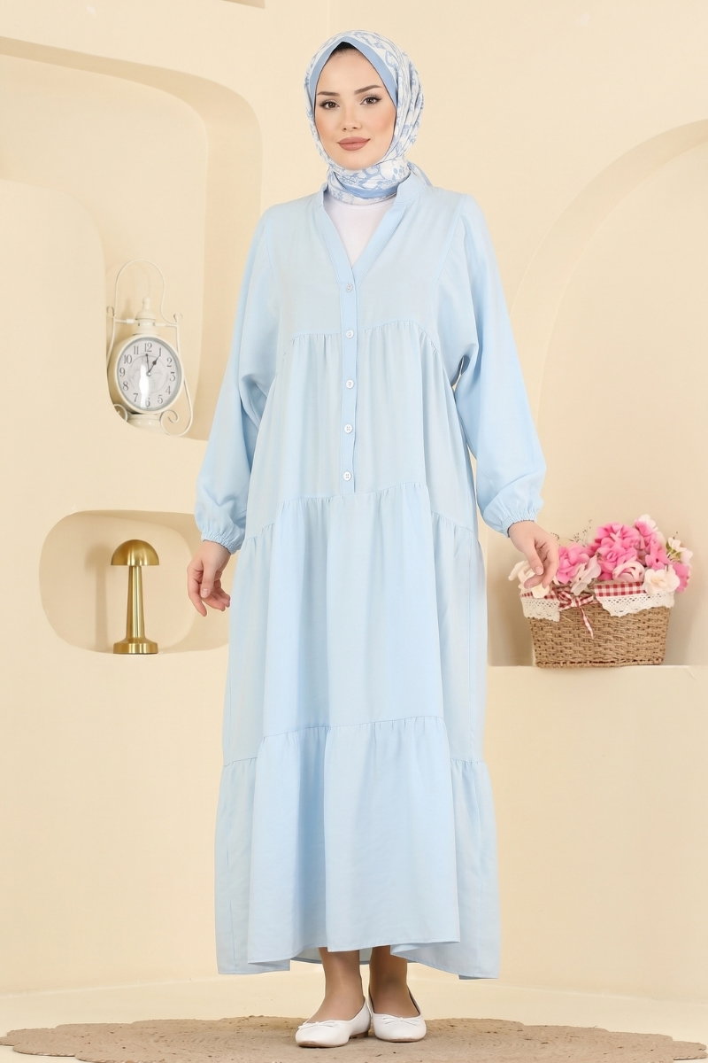 Half-Button Front Modal Dress - Light Blue