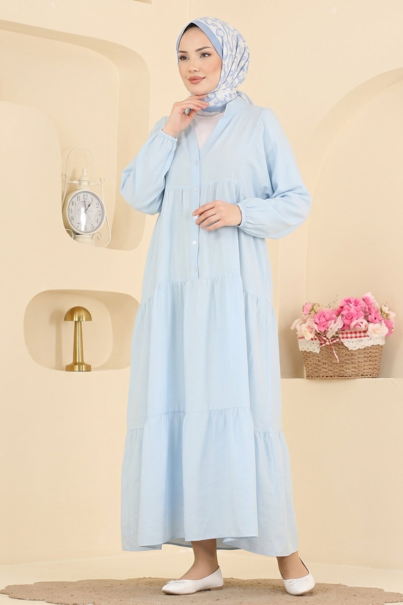 Half-Button Front Modal Dress - Light Blue