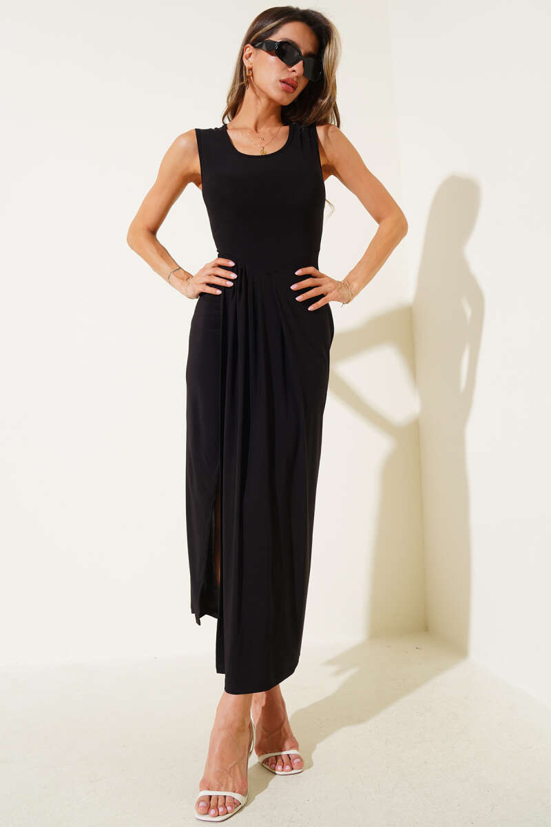 Sleeveless Dress with Front Slit - Black