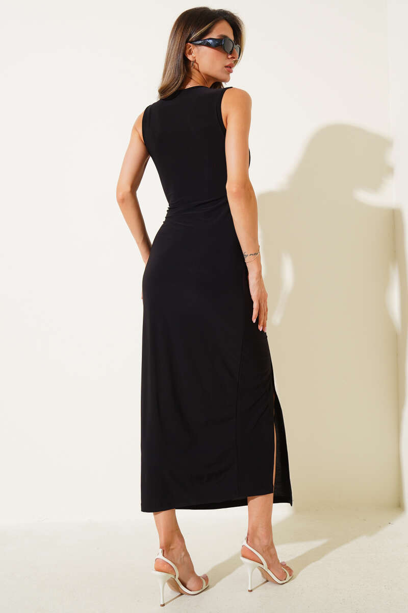 Sleeveless Dress with Front Slit - Black