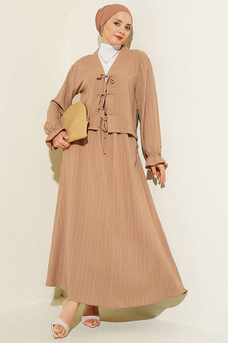 Crinkle Skirt Set with Front Ties - Latte