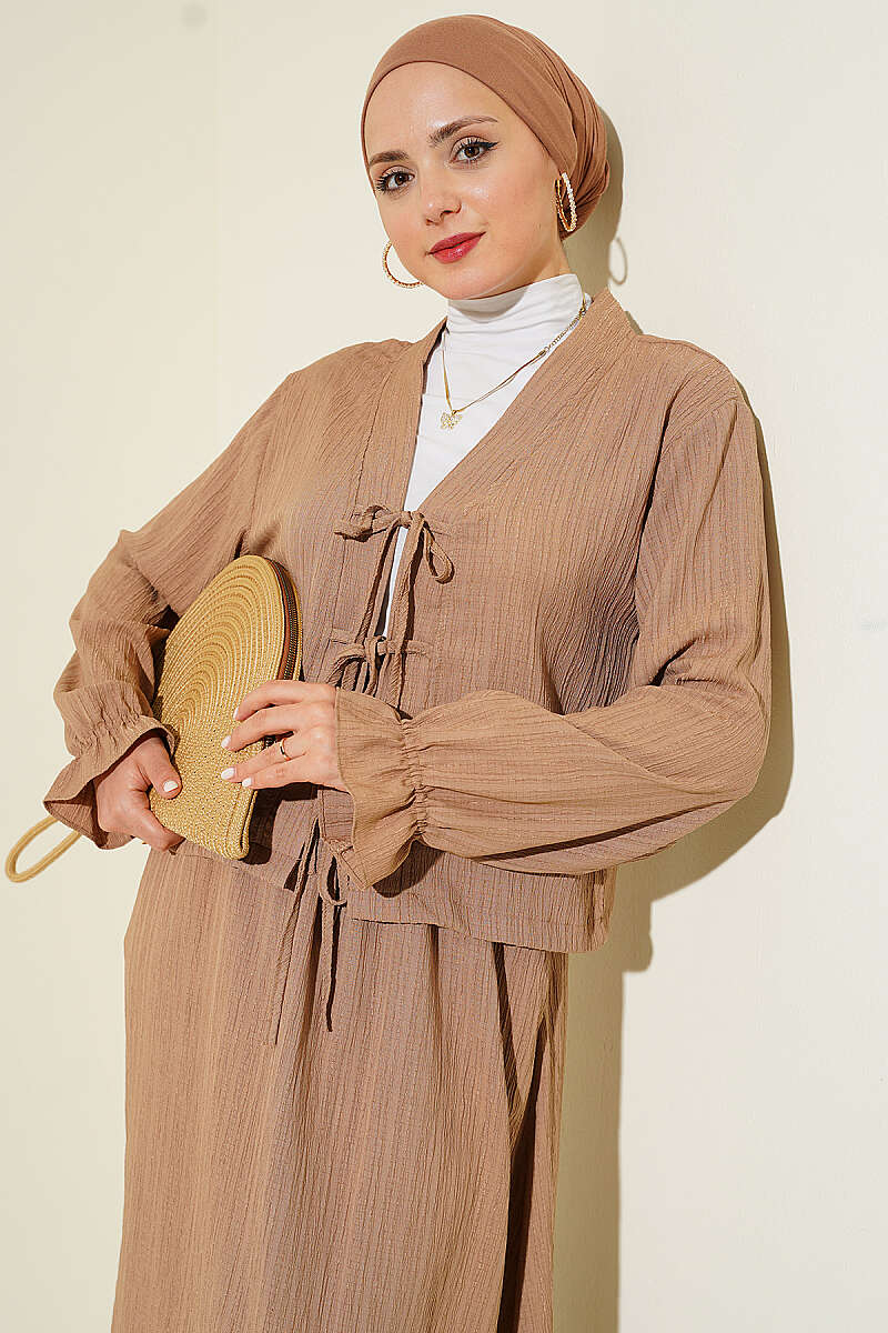 Crinkle Skirt Set with Front Ties - Latte