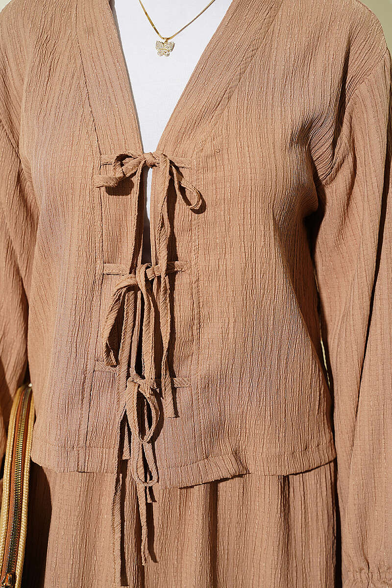 Crinkle Skirt Set with Front Ties - Latte