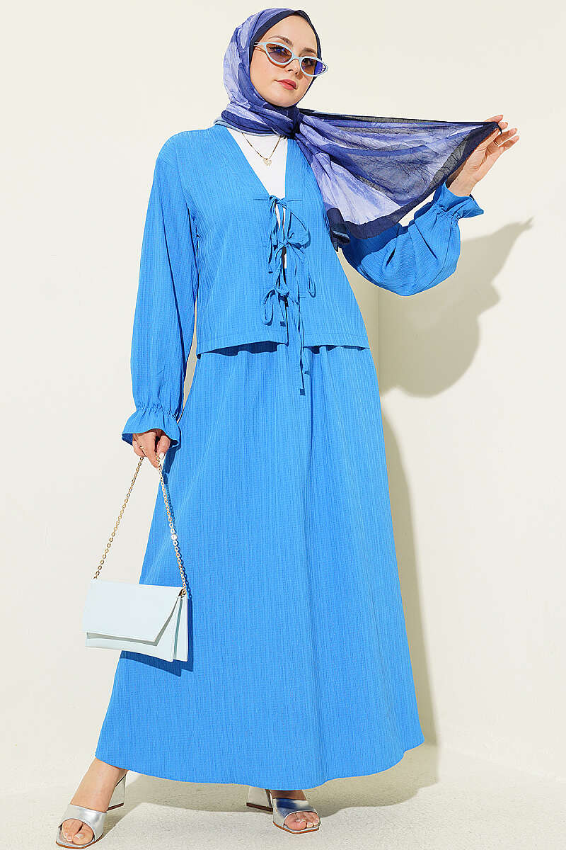 Crinkle Skirt Set with Front Ties - Saxe Blue
