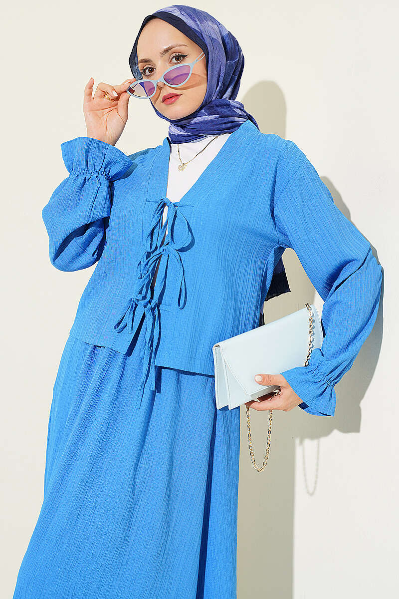 Crinkle Skirt Set with Front Ties - Saxe Blue