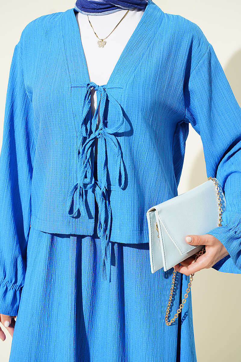 Crinkle Skirt Set with Front Ties - Saxe Blue