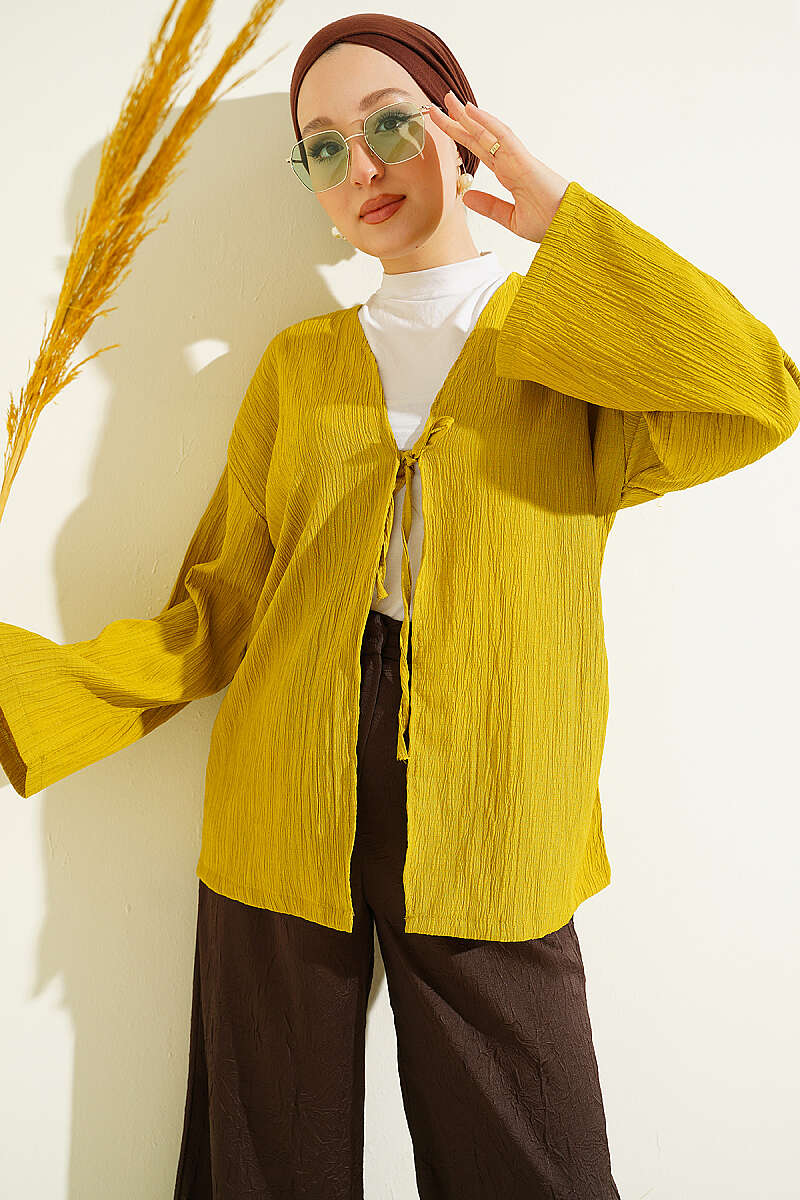 Crinkle Kimono with Front Ties - Olive