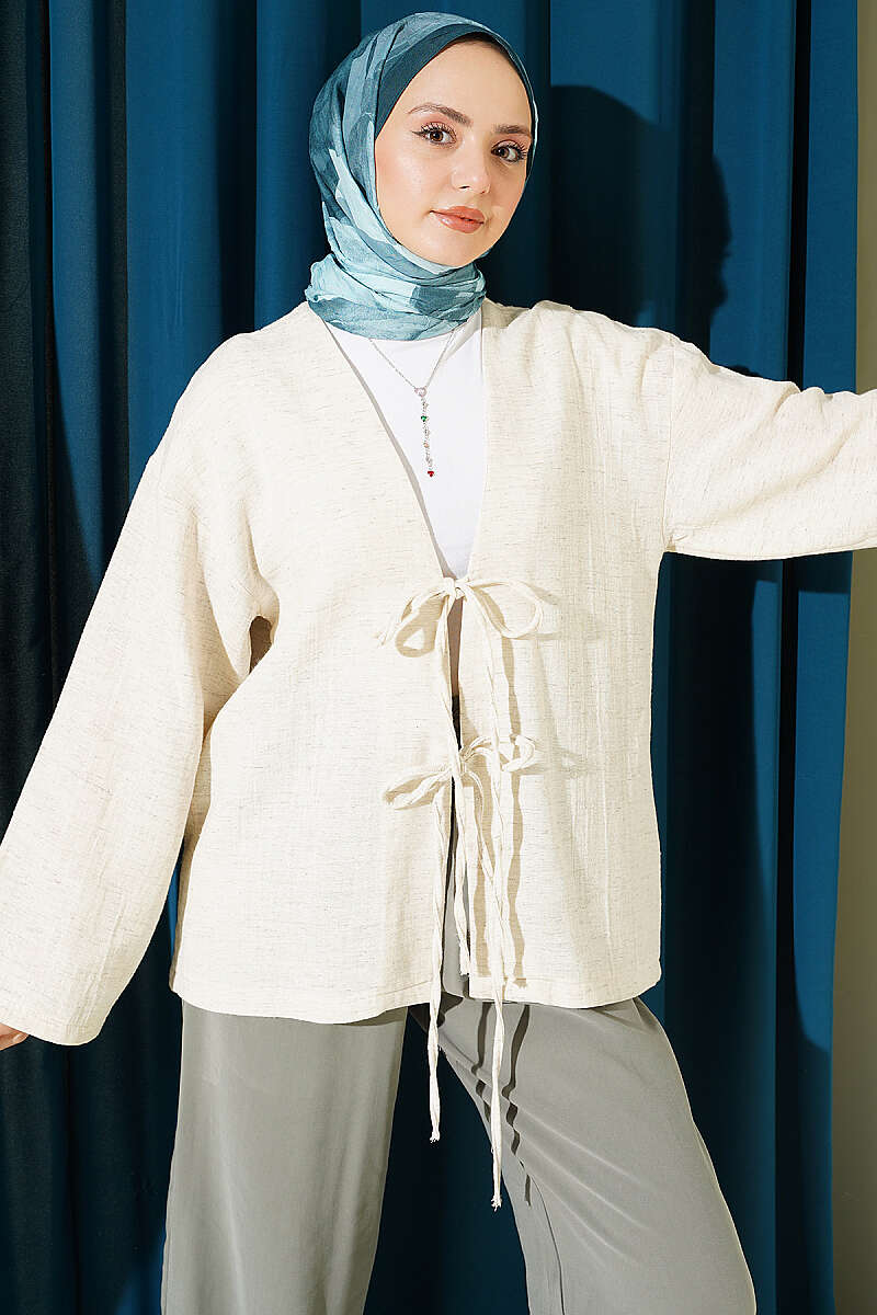 Linen Kimono with Front Tie Detail - Beige