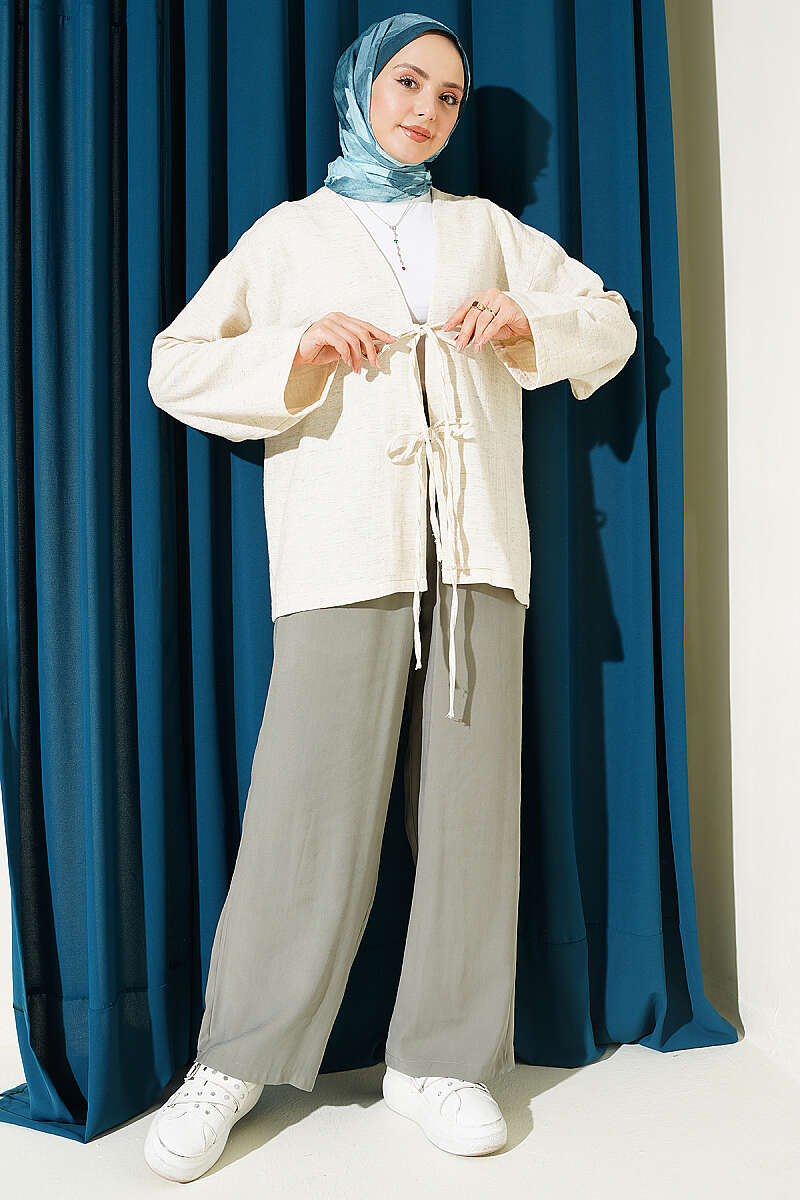 Linen Kimono with Front Tie Detail - Beige