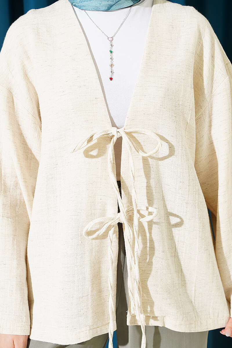 Linen Kimono with Front Tie Detail - Beige