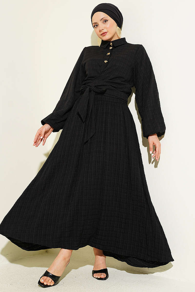 Skirt Set with Gold Buttons and Front Ties - Black
