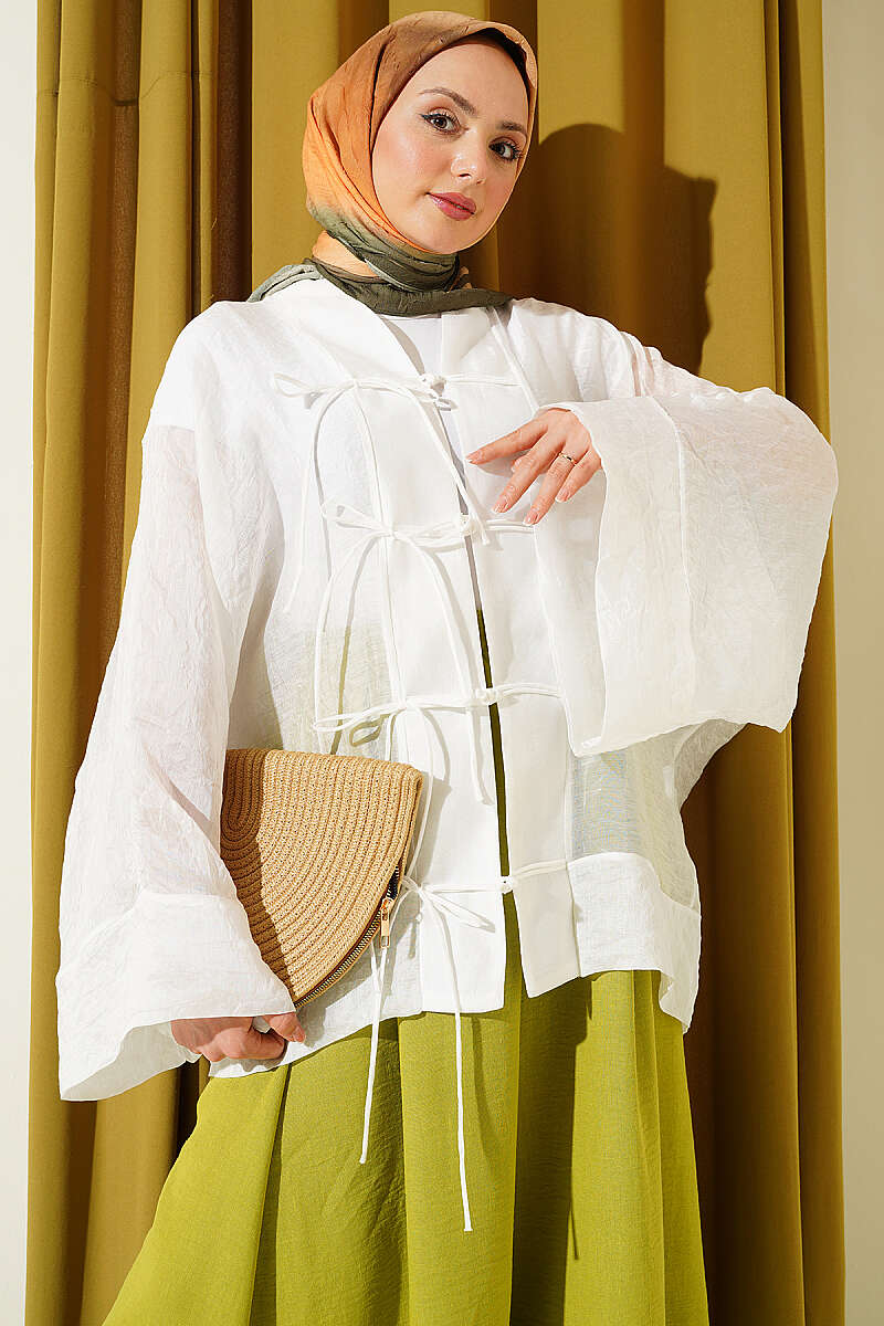 Oversized Tulle Kimono with Front Ties - White
