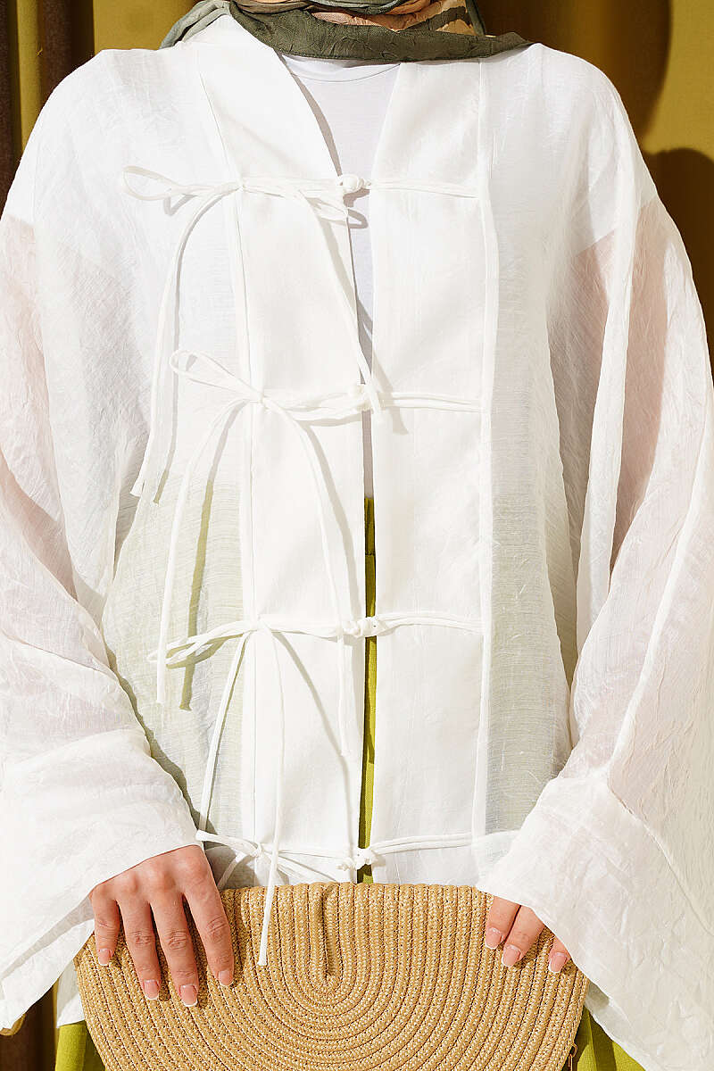 Oversized Tulle Kimono with Front Ties - White