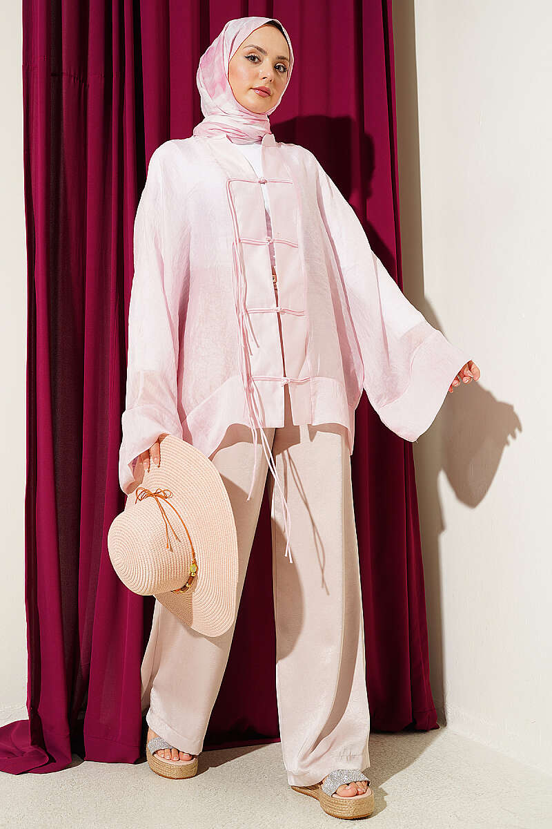 Oversized Tulle Kimono with Front Ties - Pink