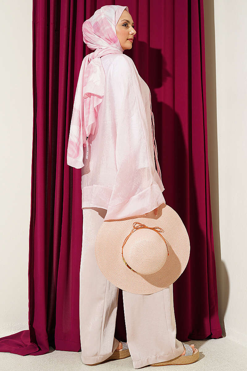 Oversized Tulle Kimono with Front Ties - Pink