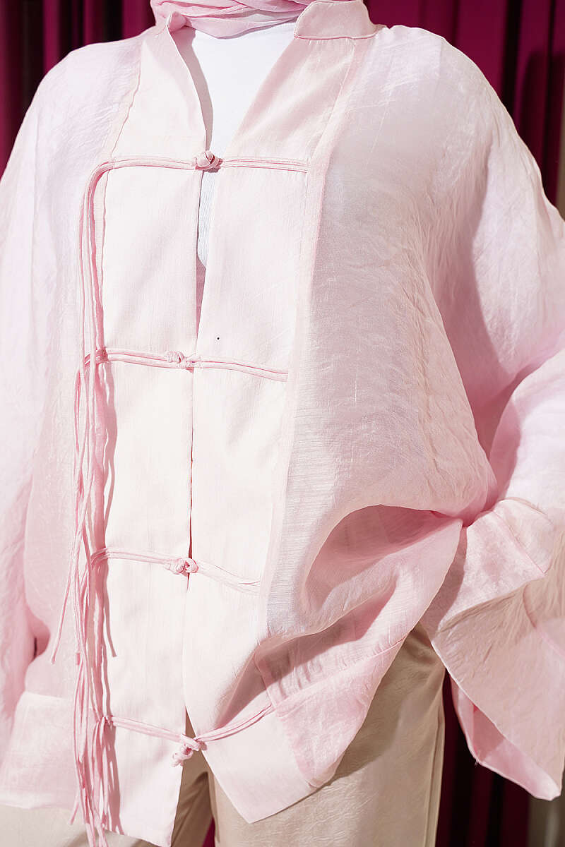 Oversized Tulle Kimono with Front Ties - Pink