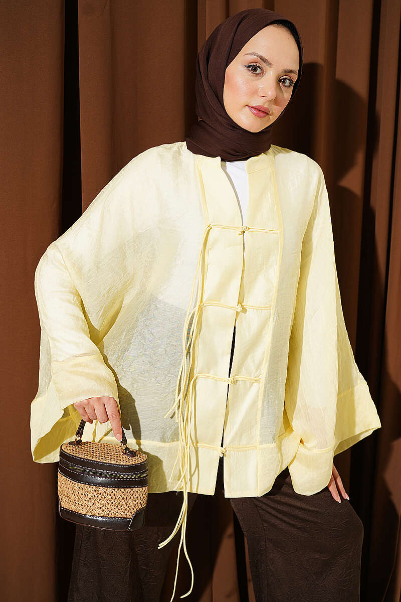Oversized Tulle Kimono with Front Ties - Yellow