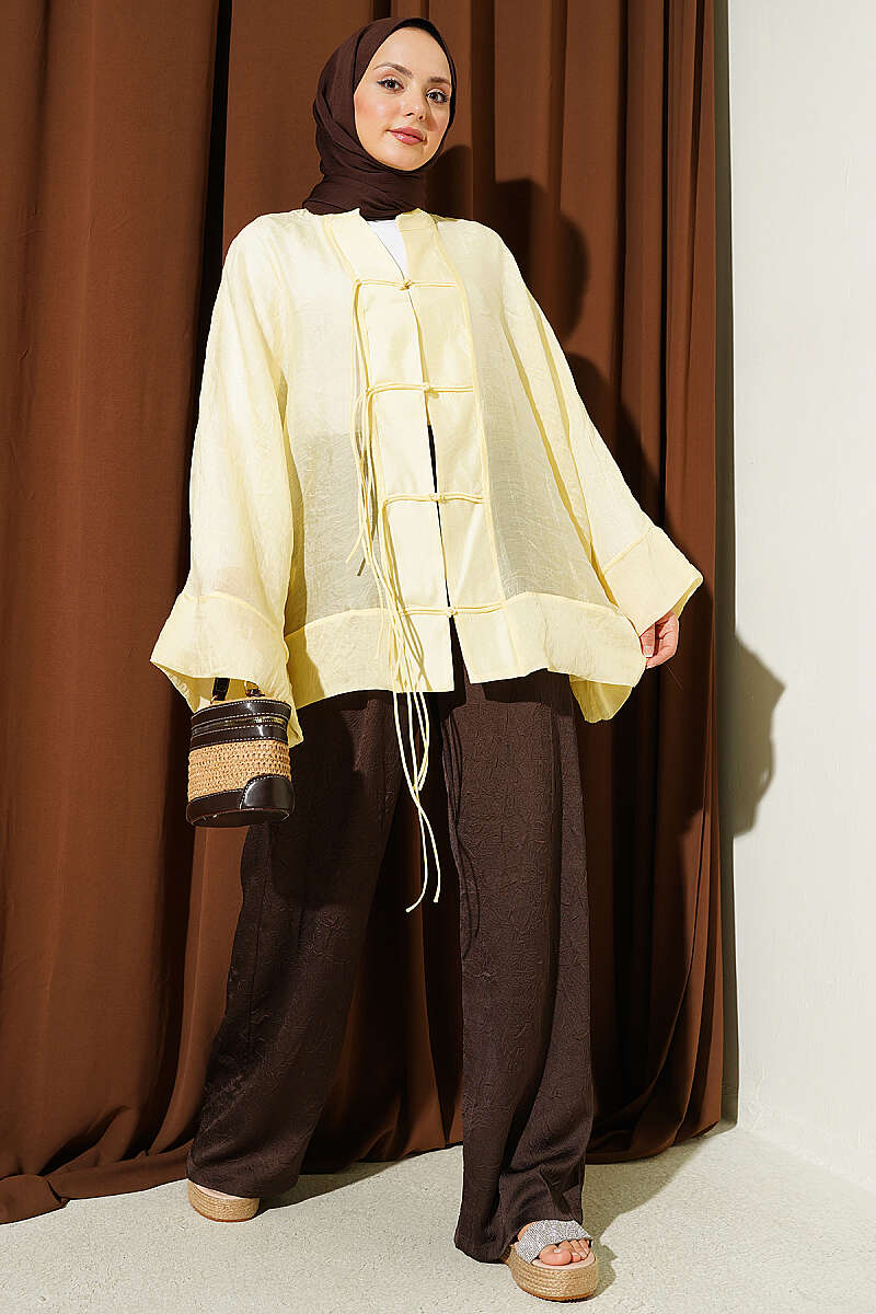 Oversized Tulle Kimono with Front Ties - Yellow
