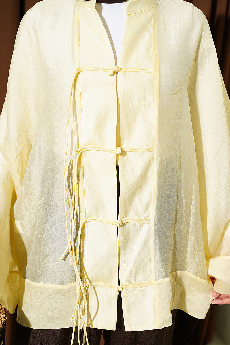 Oversized Tulle Kimono with Front Ties - Yellow